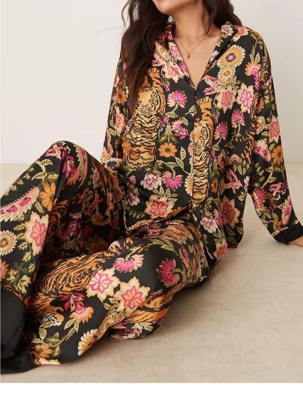 Sleepy Floral Satin Pajama Set - Black with Pink & Gold